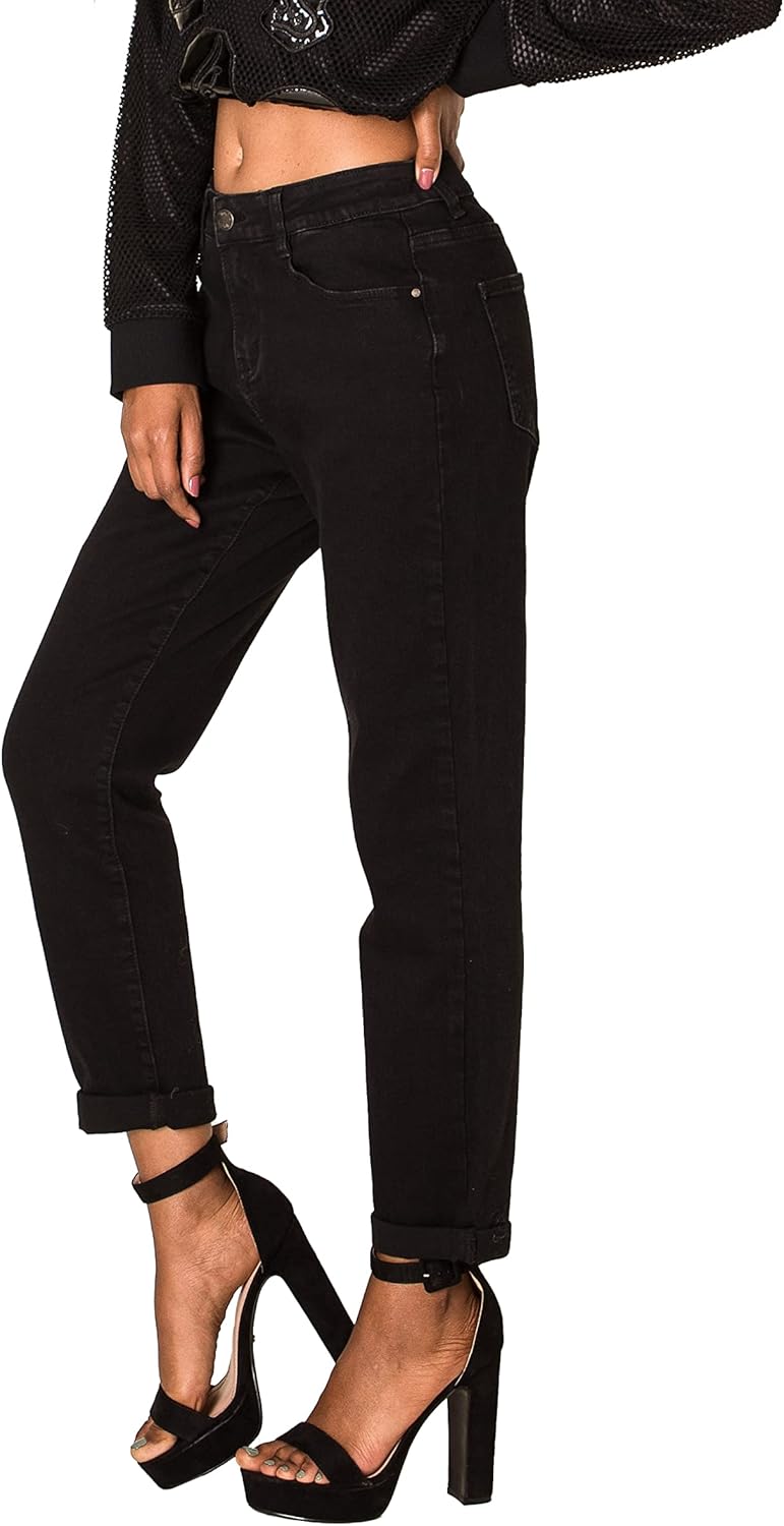 Nina Carter Q1806 Damen Boyfriend Jeanshosen HIGH Waist Used-Look Jeans Waschungseffekt XS Schwarz (
