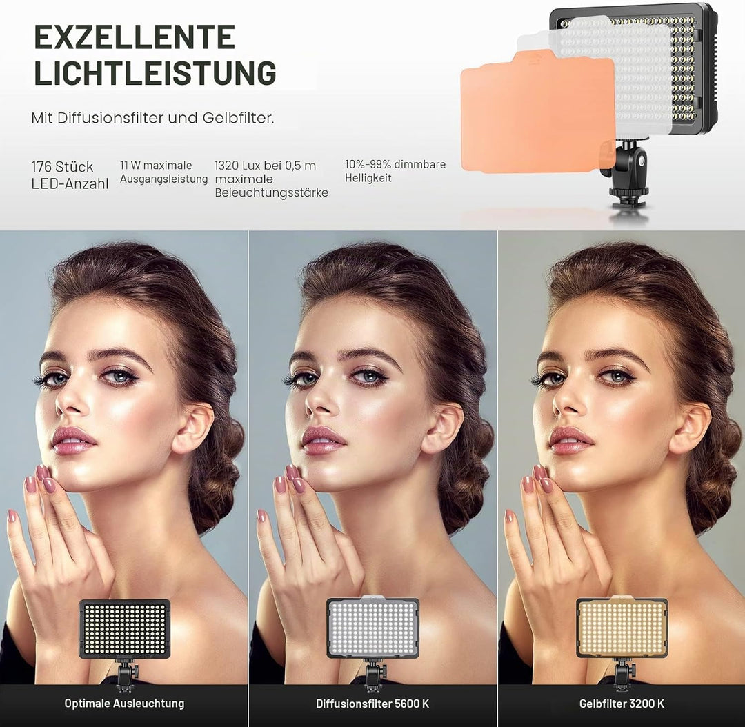 NEEWER 176 LED Videoleuchte Streaming Licht 5600K dimmbar Videolicht Panel mit 1/4 Zoll Gewinde, Key
