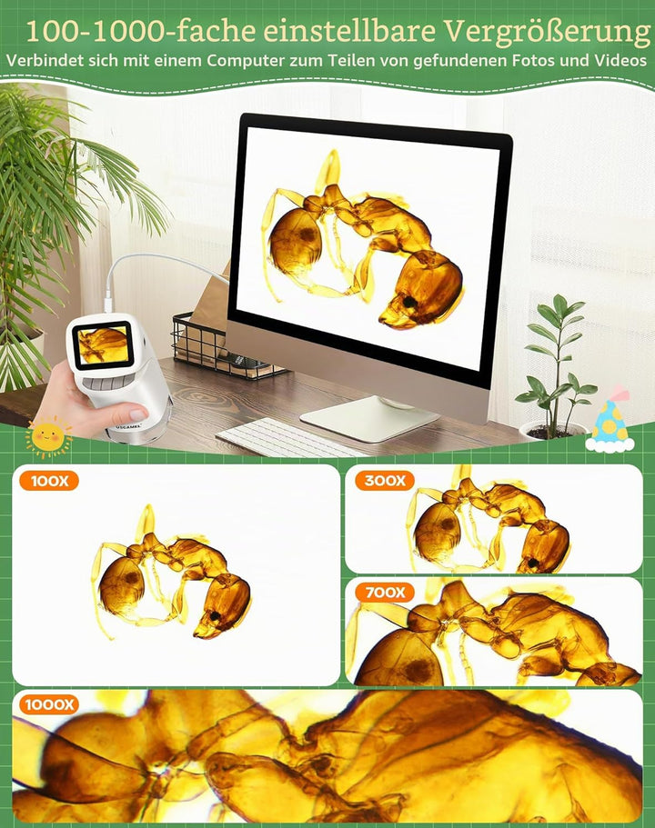 Tragbares Handmikroskop für Kinder: 1000 x Taschenmikroskop für Kinder mit 4K 5,1 cm LCD-Bildschirm,