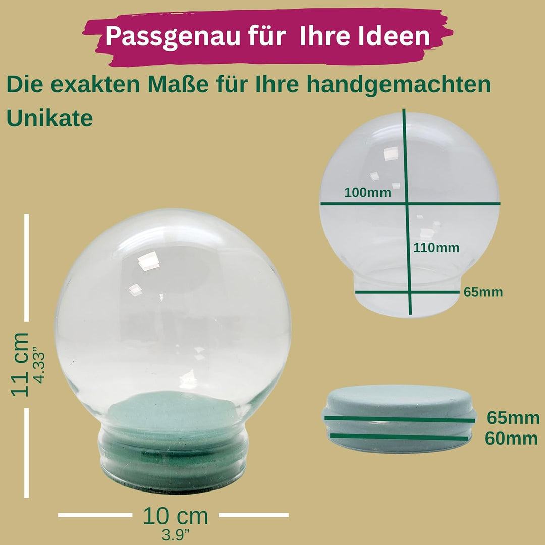 Bastel Schneekugel Ersatzglas m. 1 x Schnee | DIY Bastelglas | Schneekugel reparieren | 100mm Durchm
