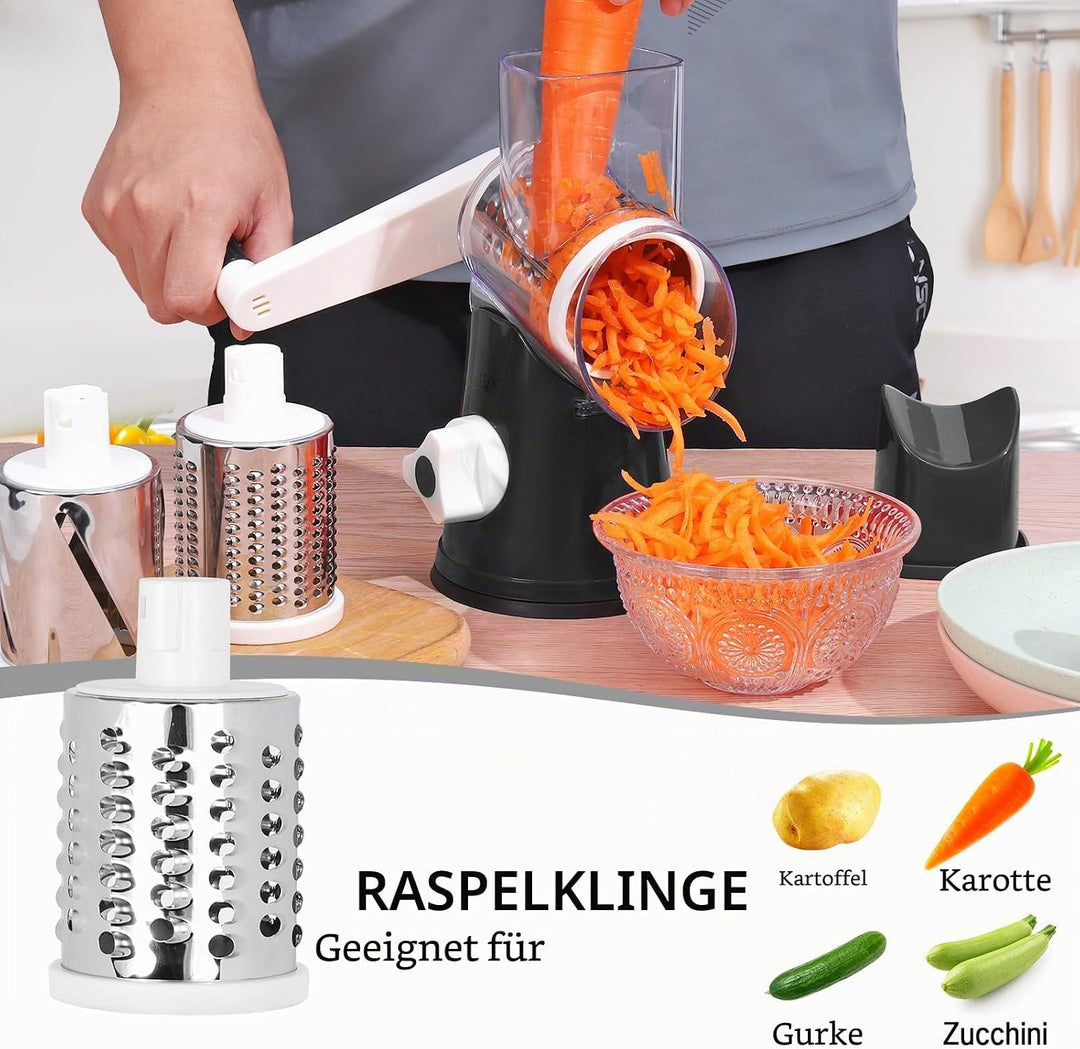 Dreamhigh® Käsereibe mit Kurbel, Gemüseschneider 3 Edelstahl Austauschbaren Trommelklingen, Manuelle