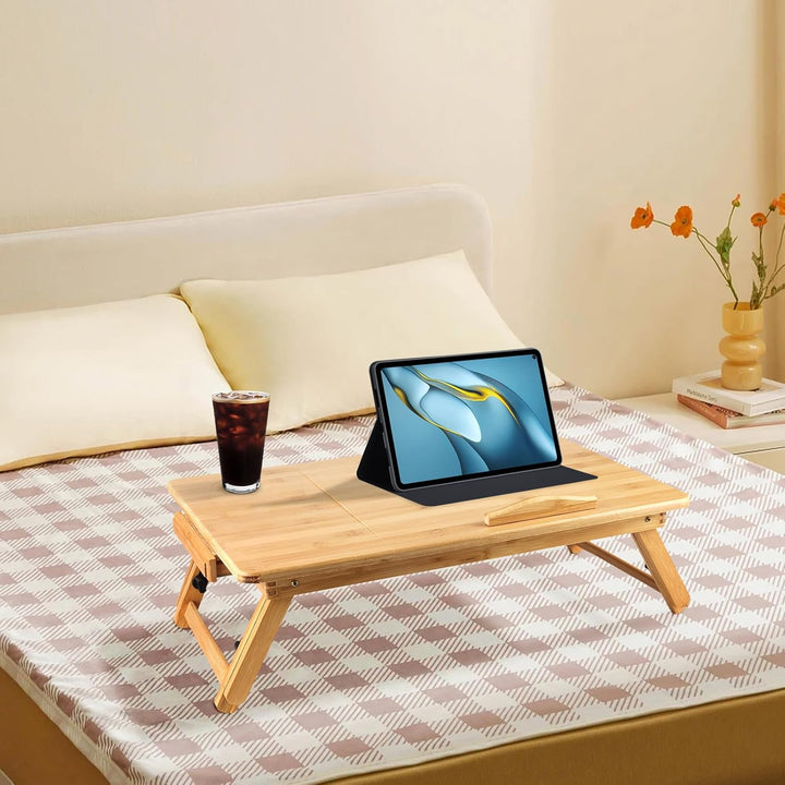 OHMG Betttisch, Laptoptisch, verstellbar, 66 x 35 cm, mit Getränkehalter und Tabletfach, Bambus, Lap