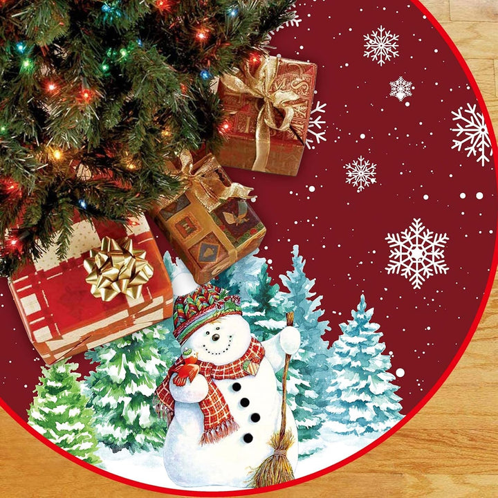Weihnachtsbaum Decke 120cm, Dunkelrot Weihnachtsbaum Rock mit Schneemann & Schneeflocke, Polyester W