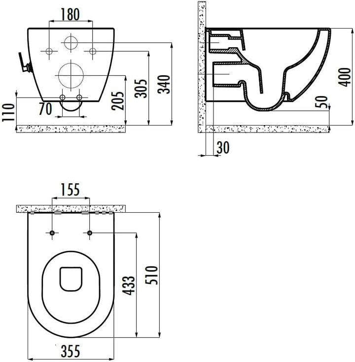 Creavit Dusch-WC Hänge-WC Bidet | Spülrandloses Wand WC mit Soft Close Deckel mit Bidet-Funktion ohn