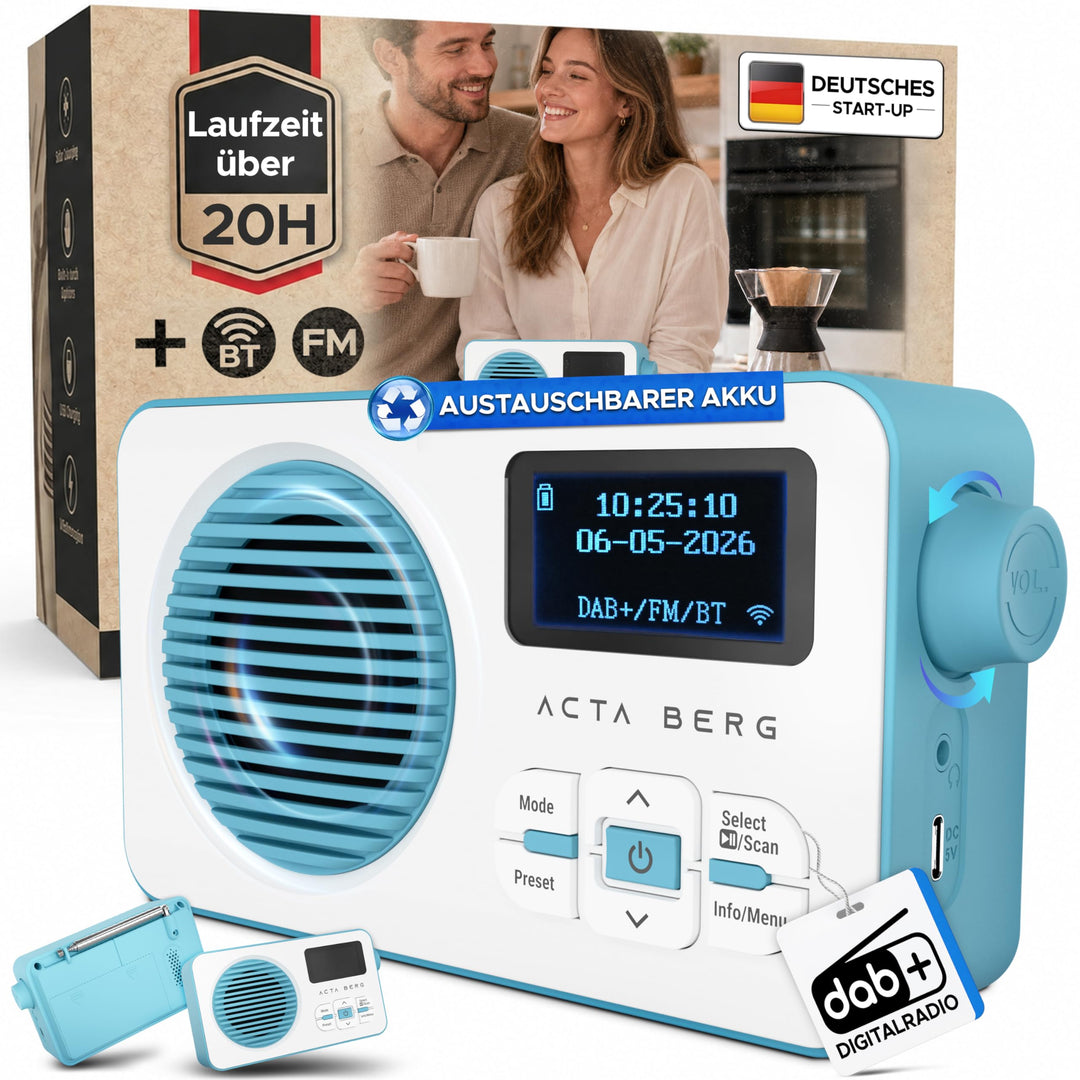DAB Radio mit Akku 5000 mAh austauschbar &amp; BT 5.3 (Baby-Blau) | DAB+/UKW-Radio, Akku austauschbar +