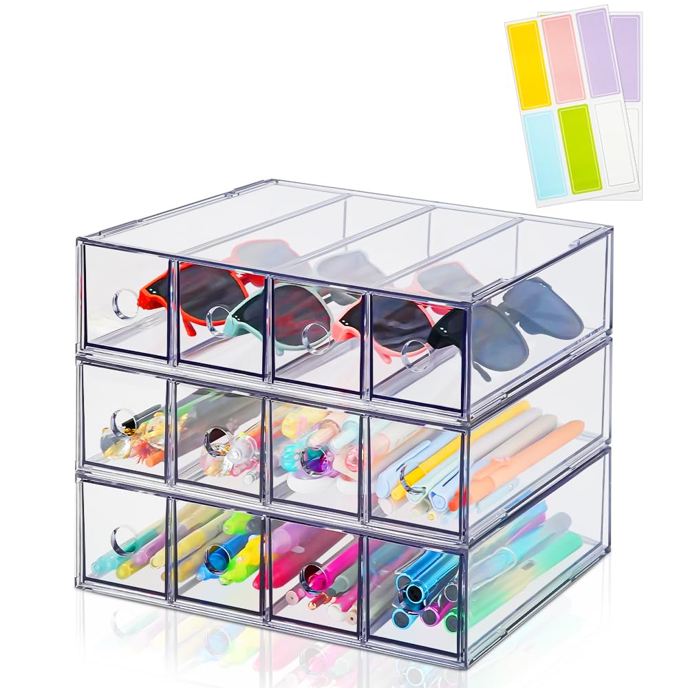 3 Packs Schubladenbox Schreibtisch mit 8 Schubladen, Acryl Stapelbar Schreibtisch Organizer Schublad