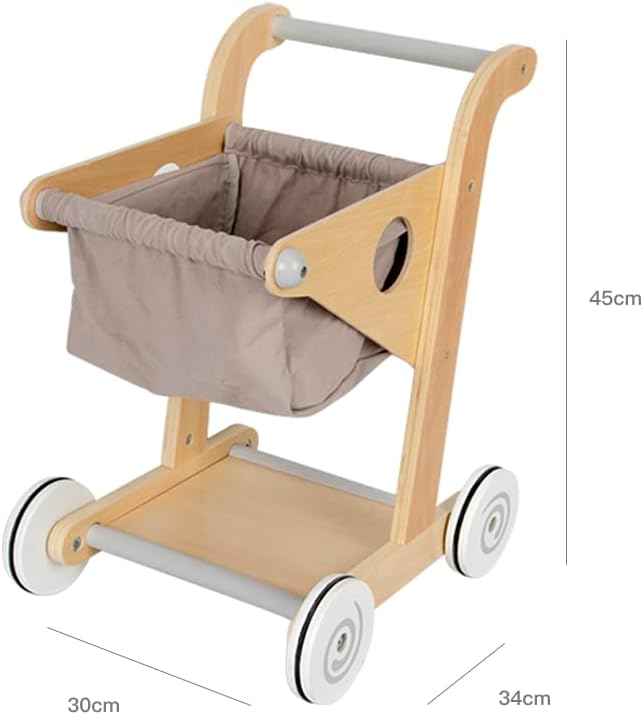 Holz Kinder Einkaufswagen Spielzeug, Mini Einkaufswagen für Kinder mit Stoffkorb, Stabiler Laufwagen