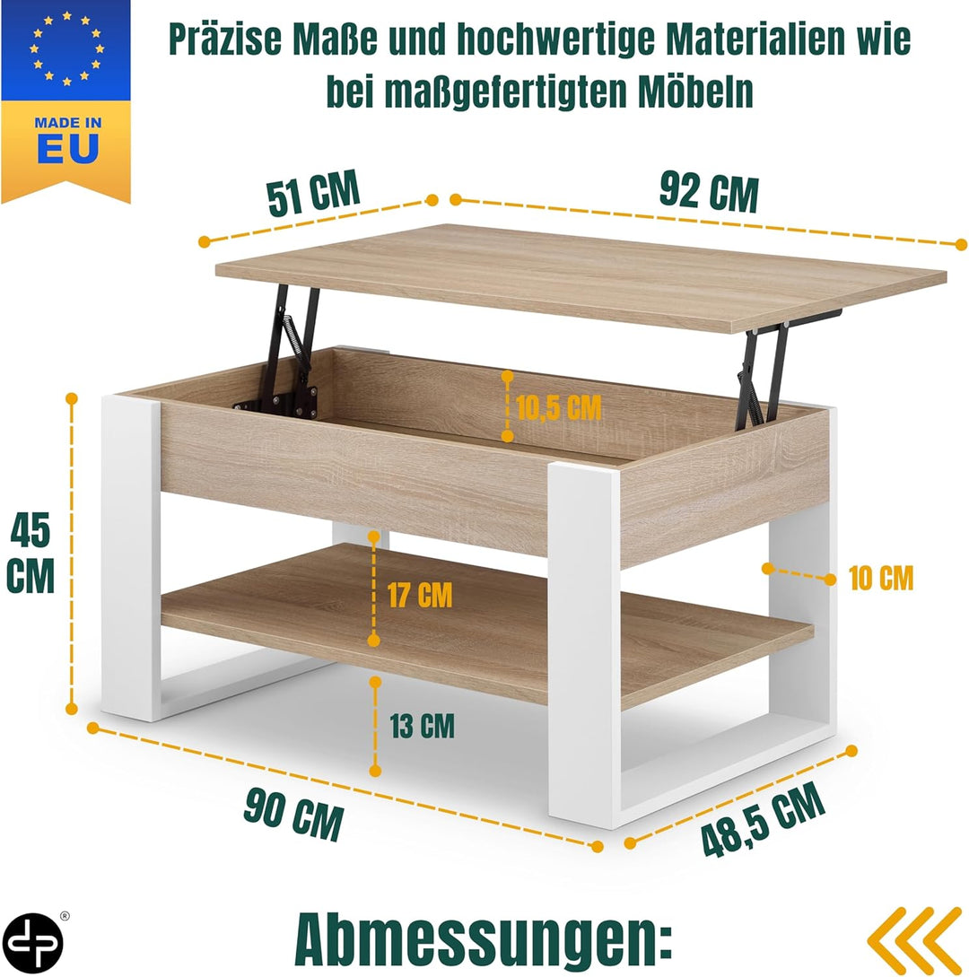 defiPad Couchtisch Höhenverstellbar mit Stauraum, Wohnzimmertisch Sonoma Eiche/Weiss mit hochziehbar