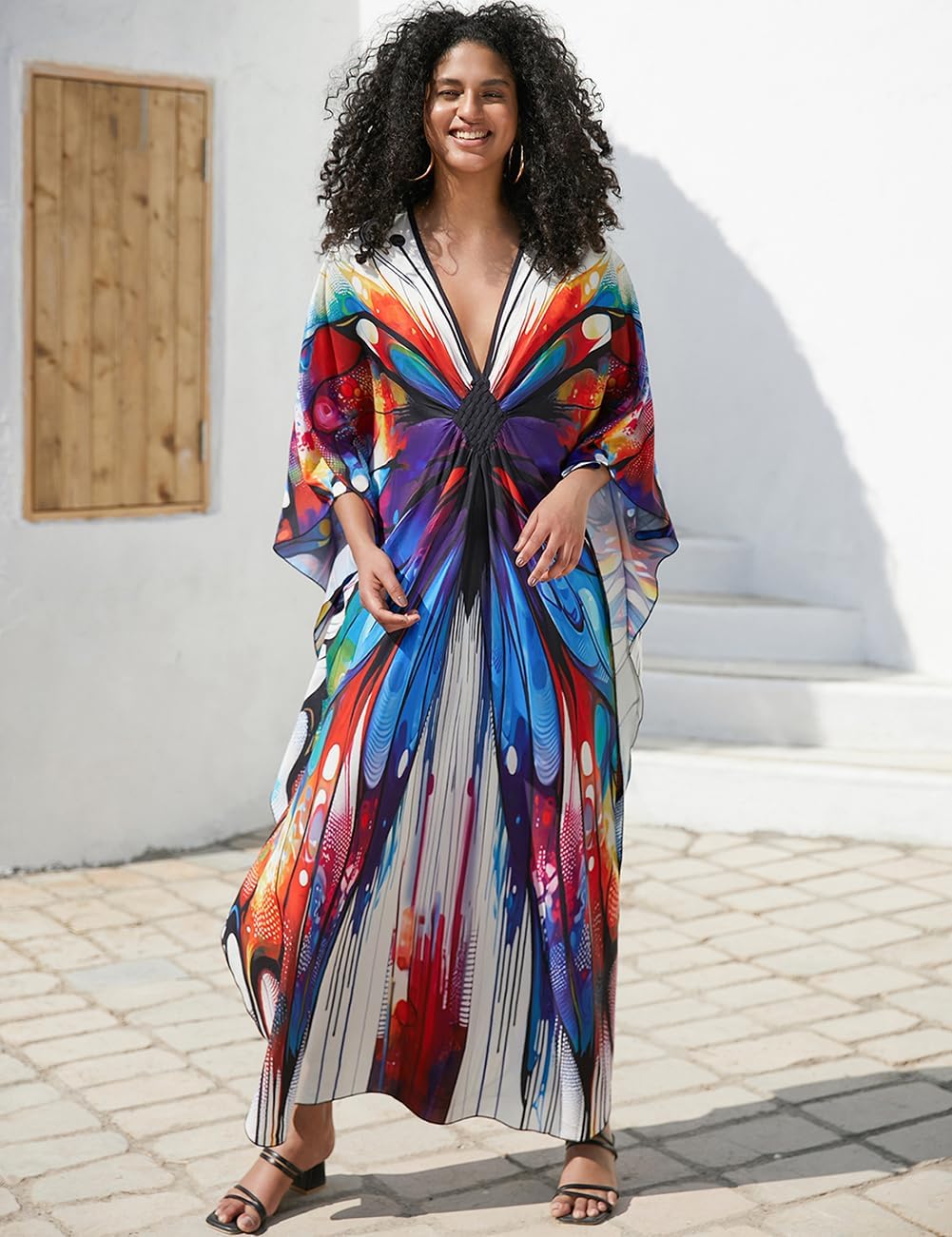 Bsubseach Damen Ethnic Print Kaftan Beach Dress Plus Size Strandkleid Bunter Schmetterling, Bunter S