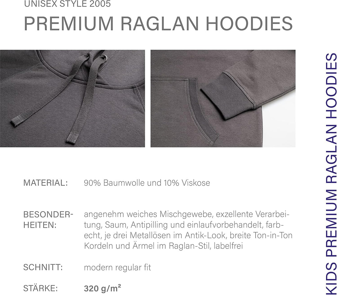 HRM Unisex Kid‘s Premium Raglan Hoody, dunkelgrau I Fair Trade Hoodie Kinder mit Kapuze, 320 g/m² I