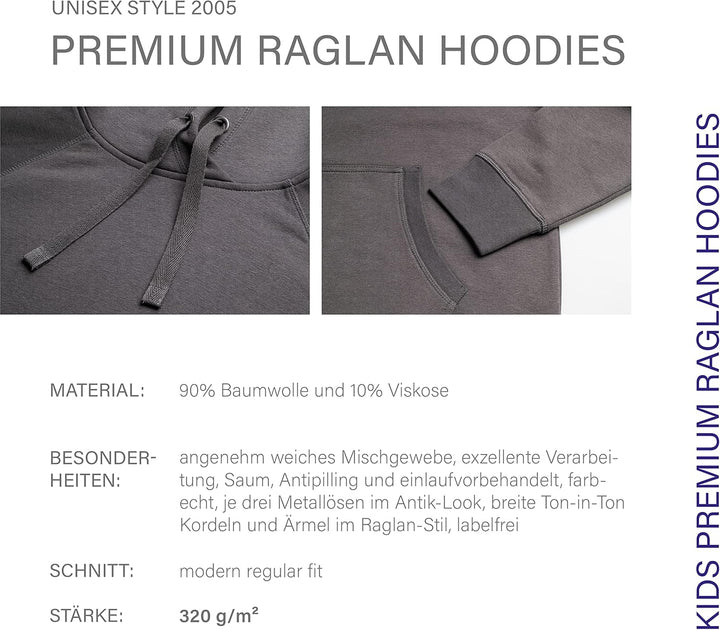 HRM Unisex Kid‘s Premium Raglan Hoody, dunkelgrau I Fair Trade Hoodie Kinder mit Kapuze, 320 g/m² I