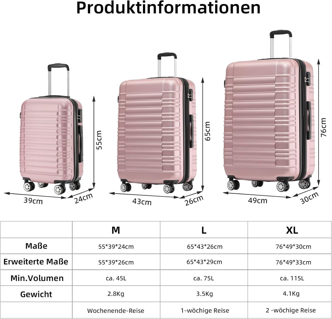 BEIBYE Hartschalen Koffer Trolley Rollkoffer Reisekoffer Zwillingsrollen Kofferset (Rosagold, Set) R