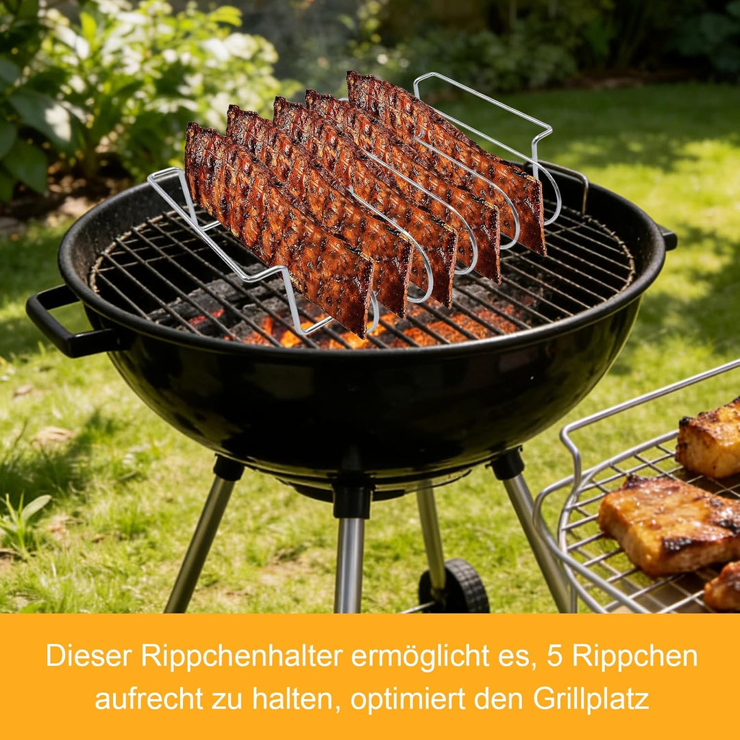 Edelstahl Rippchenhalter, Vielseitiger Halter für 5 Spare Ribs, Geschirrspülerfest für Gas- und Holz