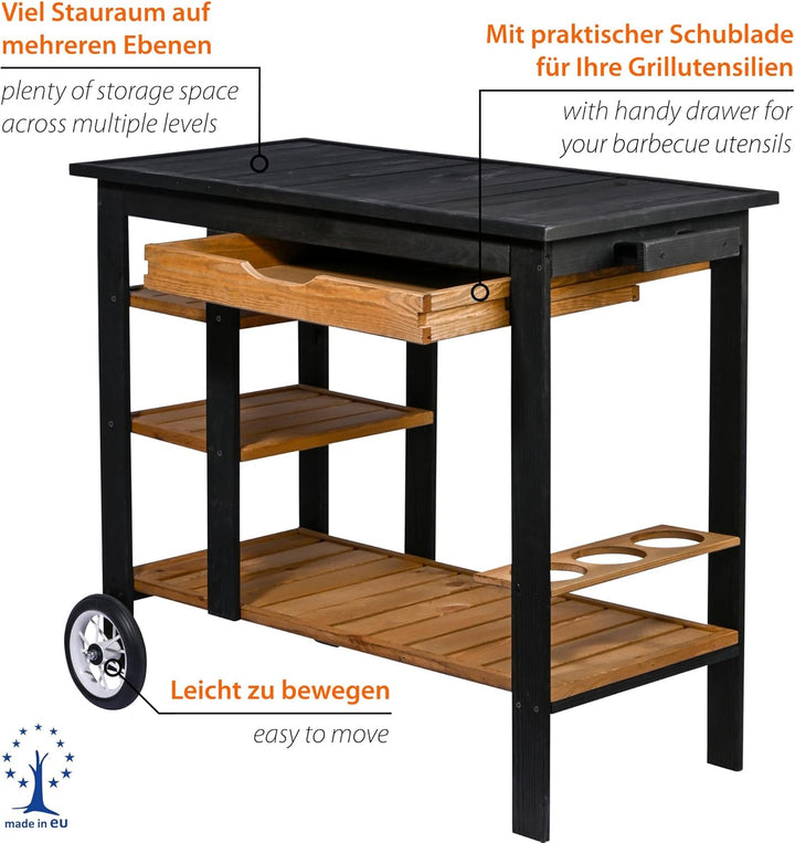 dobar® Grillwagen Outdoor mit Schublade und Ablageboden - BBQ-Trolley auf Rollen mit Griff und Flasc