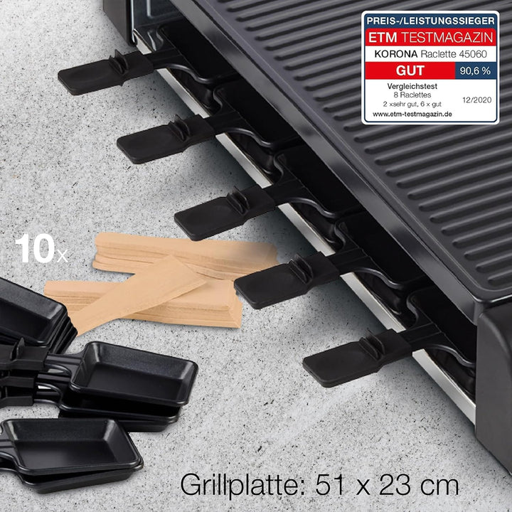 Korona 45060 Raclette für 10 Personen | XXL-Raclette mit 10 Pfannen & Holzspateln | Antihaftbeschich
