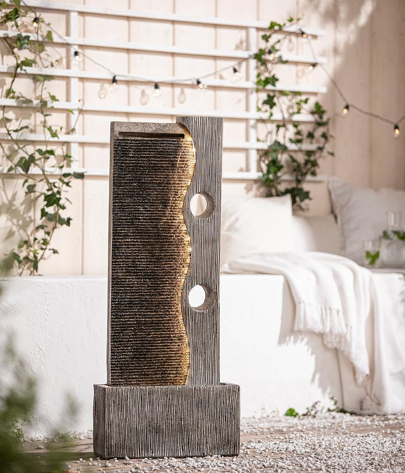 Dehner Gartenbrunnen Eclipse mit LED Beleuchtung, ca. 100 x 40 x 19.8 cm, Polyresin, grau