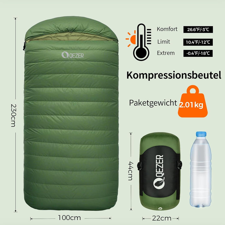 XXL Daunenschlafsack 3-4 Jahreszeiten extra grosser Schlafsack 230cm x100cm, leicht und warm Daunen