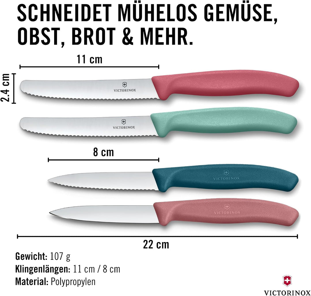 Victorinox Swiss Classic, Tomaten- und Gemüsemesser Set, 4teilig, Scharfe Klinge, 8 und 10 cm, Welle