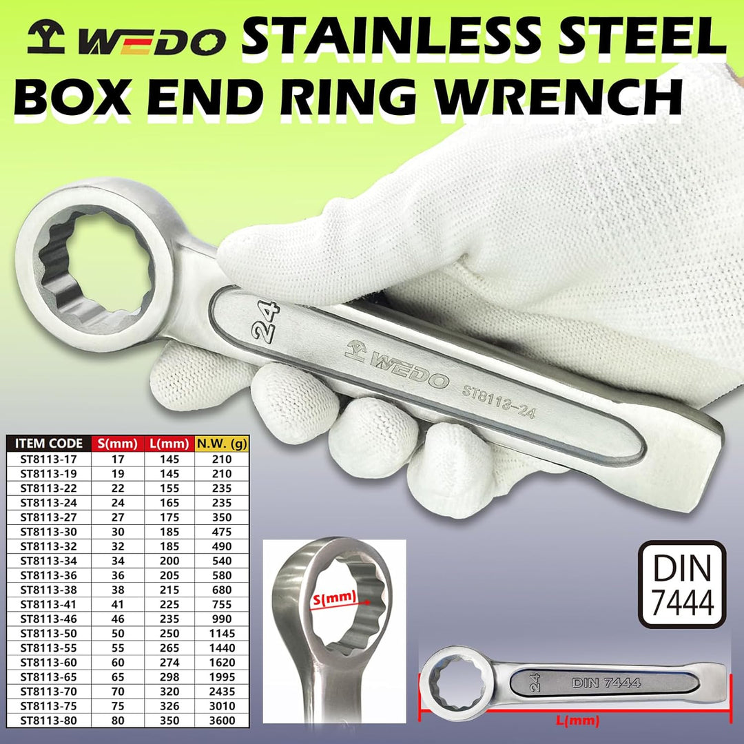 WEDO Edelstahl Schlag-Ringschlüssel,SW 22mm,Länge 155mm,Ringschlüssel,Ringschraubenschlüssel,Schraub