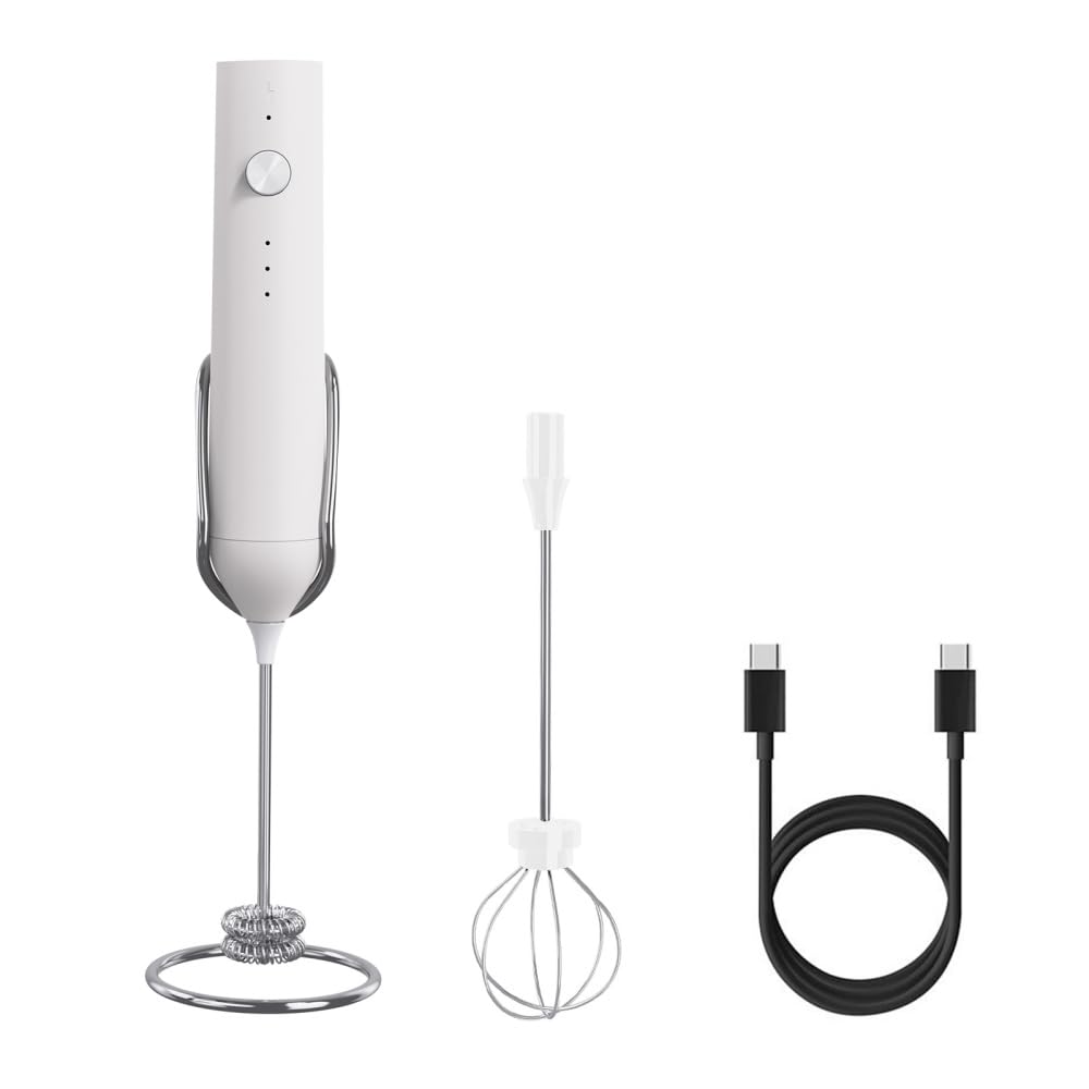 Elektrischer Milchaufschäumer, USB Wiederaufladbar Handmixer mit Doppel-Schneebesen und Ständer für
