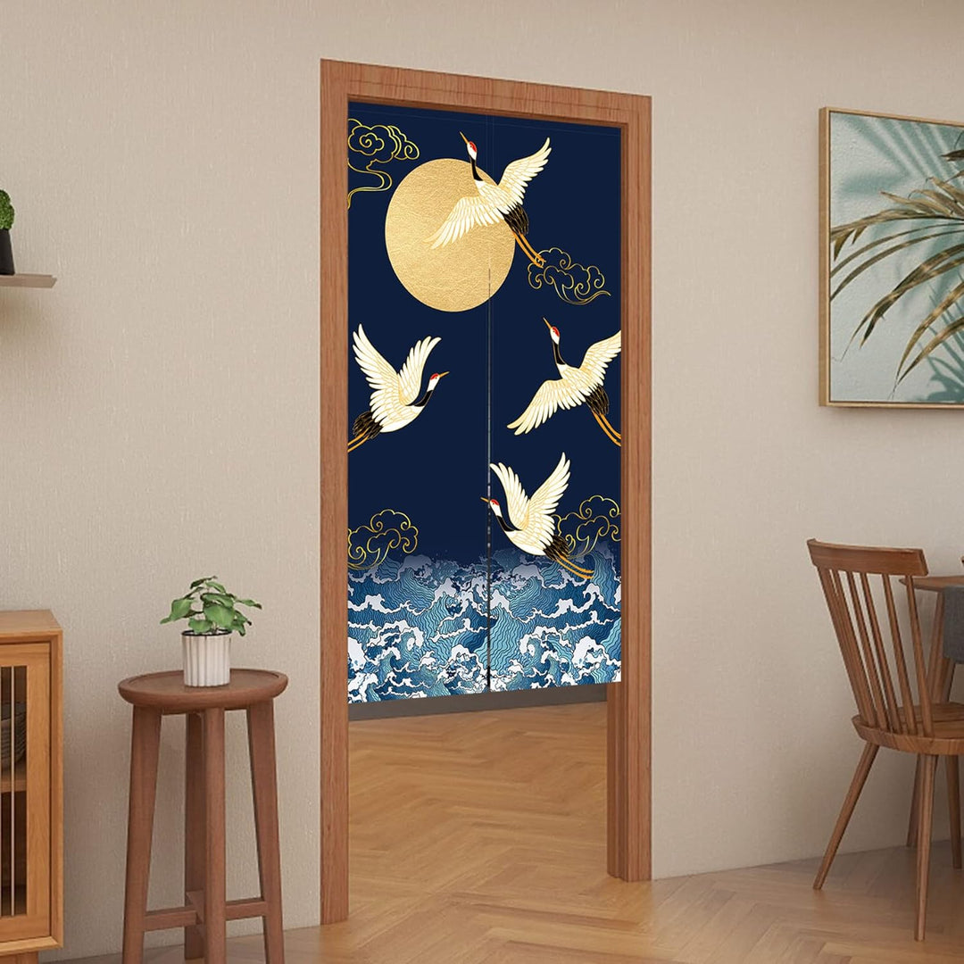 LIGICKY Japanischer Stil dick Leinen Noren Lang Vorhänge White Crane Meereswellen und Mond Türvorhan
