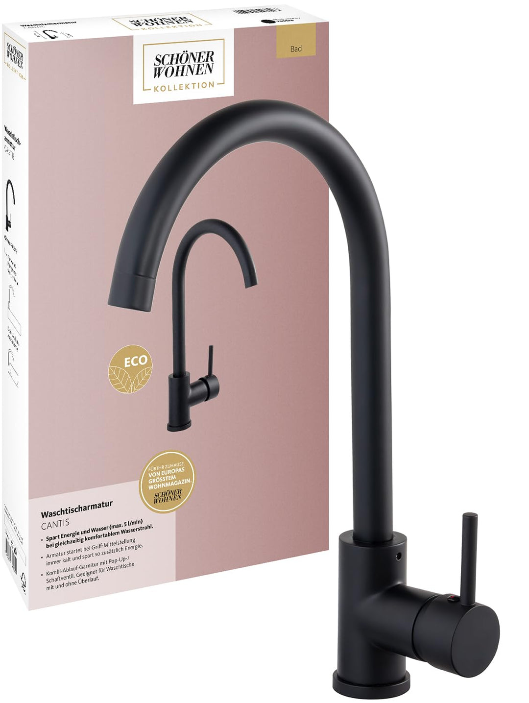 SCHÖNER WOHNEN-Kollektion Waschtischarmatur CANTIS, Mattschwarz, Wasserhahn geeignet für wandhängend