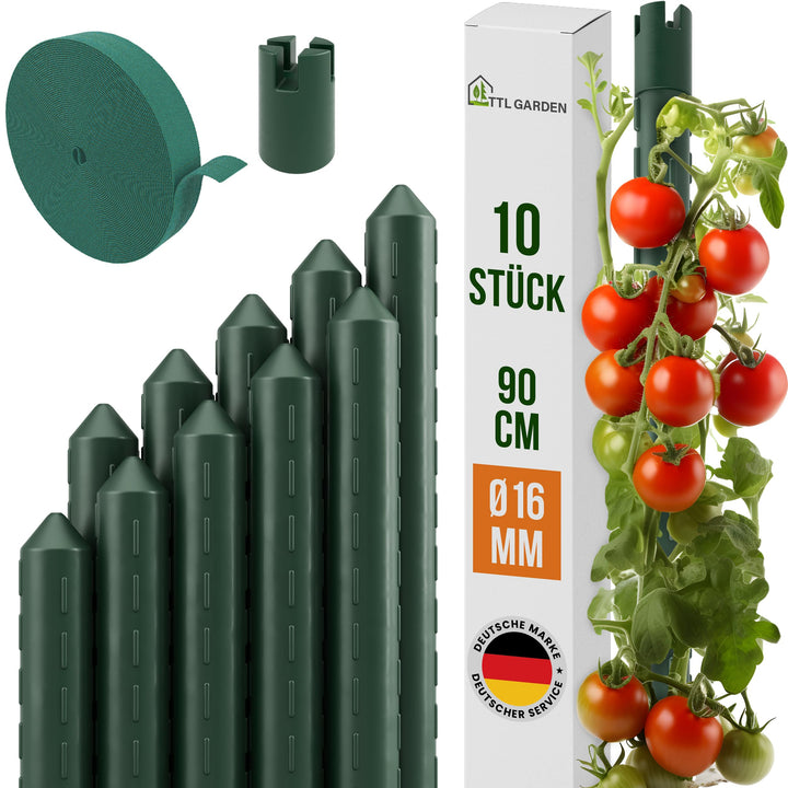 TTL GARDEN Rankstäbe 10er Set 90cm x 16mm Ø grün - extra stabile 16 mm Rankhilfe Pflanzstäbe + Klett