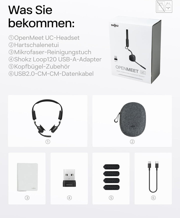 SHOKZ OpenMeet UC Knochenleitungs-Headset mit USB-A-Adapter, Open-Ear-Bluetooth-Kopfhörer mit Geräus