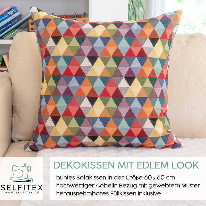 Selfitex buntes Sofakissen mit Füllung und Bezug 60x60, Luxus Sofakissen, farbenfrohes Couchkissen,