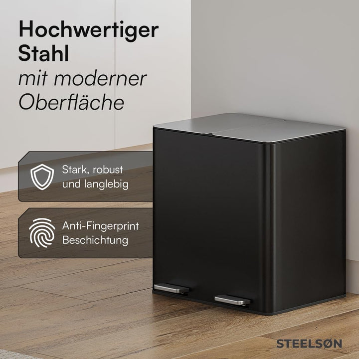 STEELSØN Gloas Mülleimer 2 Fächer – Mülltrennsystem Küche 2x15 L aus Edelstahl Schwarz – Tretmülleim
