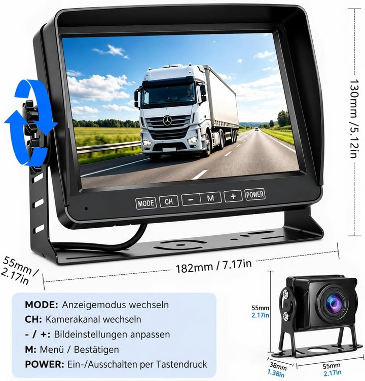 Rückfahrkamera-Set mit 7"-LCD-1080P Monitor &amp; 170° Weitwinkel- Rückfahrkamera, IP69 wasserdicht, Nac
