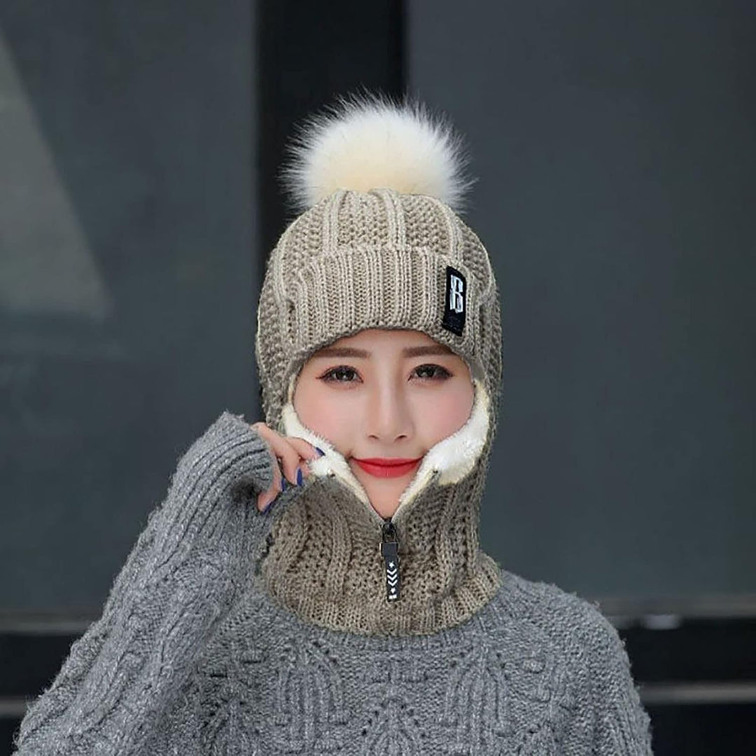 2 in 1 Winter Strickmütze Schal Mütze Set Wintermütze Beanie Damen Warme Loop Strickschal Cap mit Fl