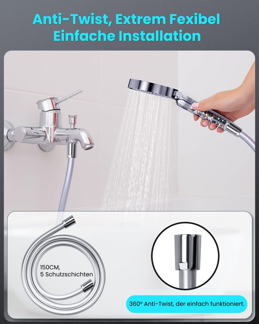 Wassersparender Duschkopf mit Schlauch 1,5M- YEAUPE Duschkopf Wassersparend mit Filter, Sparduschkop