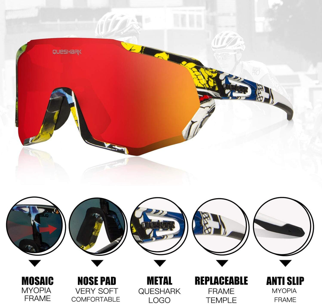 Queshark Sportbrillen Fahrrad Brillen Damen Herren Polarisierte UV400 Schutz mit 5 Wechselgläser Rad