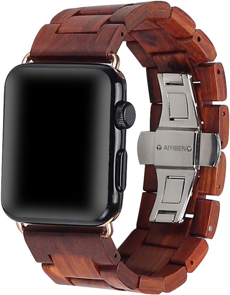 AIYIBEN Uhrenarmband aus Holz 42mm/44mm/45mm/49mm mit Schmetterlingsschnalle aus Edelstahl, kompatib
