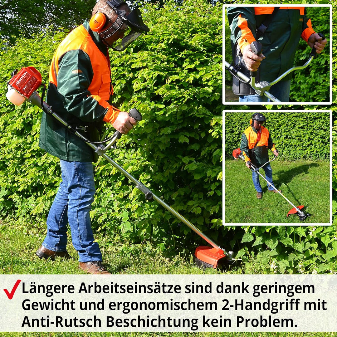 HECHT 2-Takt Benzin Motorsense Freischneider Rasentrimmer mit Messer und Doppel Faden Spule, 43 cm u