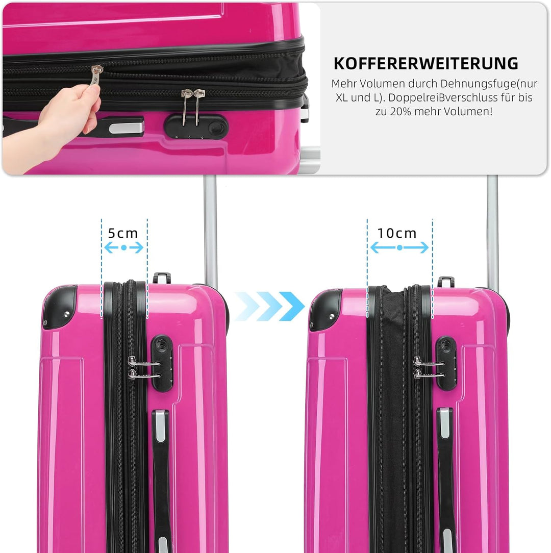 BEIBYE Hartschalen Koffer Trolley Rollkoffer Reisekoffer 4 Zwillingsrollen Polycabonat (Pink, Handge
