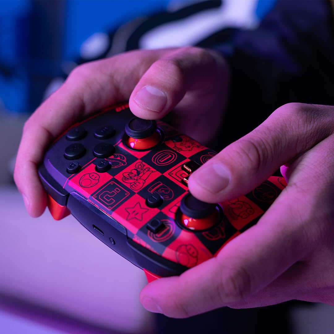 PDP Official Wireless Deluxe Controller Nintendo Switch GLOW - Super Icons Super Icon Red and Black,