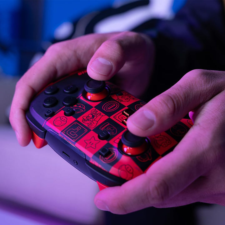 PDP Official Wireless Deluxe Controller Nintendo Switch GLOW - Super Icons Super Icon Red and Black,