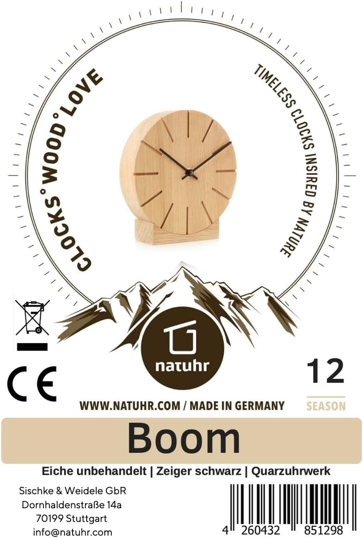 Natuhr Wanduhr Tischuhr Eiche Holz - Boom - geräuscharm Massivholz Design ø17 cm (Eiche unbehandelt