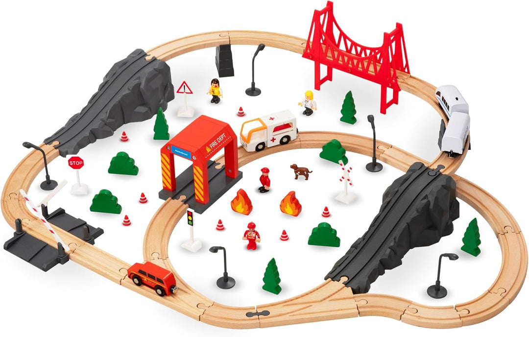 Mamabrum Holzeisenbahn Brücke Zug Feuerwehr, Eisenbahn Set für Kinder 3+, 19 Elemente, Lokomotive, B