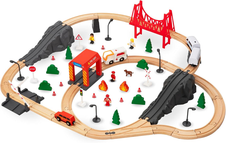 Mamabrum Holzeisenbahn Brücke Zug Feuerwehr, Eisenbahn Set für Kinder 3+, 19 Elemente, Lokomotive, B