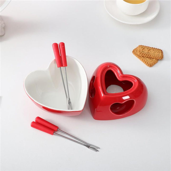 Keramischer Mini-Fondue-Becher Set - Mit Gabeln & Teelicht Für Schokolade & Dessert Rot, Rot