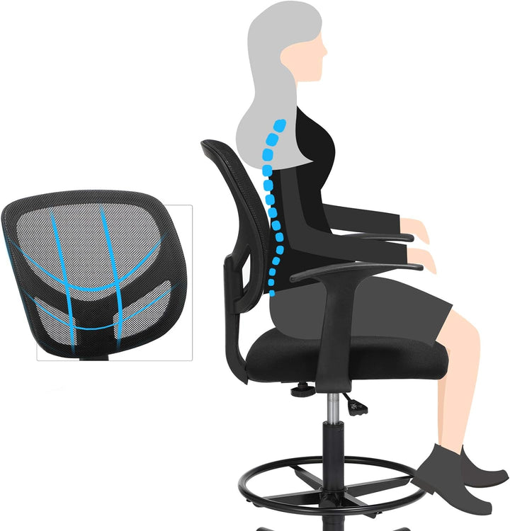 SONGMICS Arbeitsstuhl, Ergonomischer Bürostuhl mit Armlehnen, Sitzhöhe 55-75 cm, Hoher Drehstuhl mit