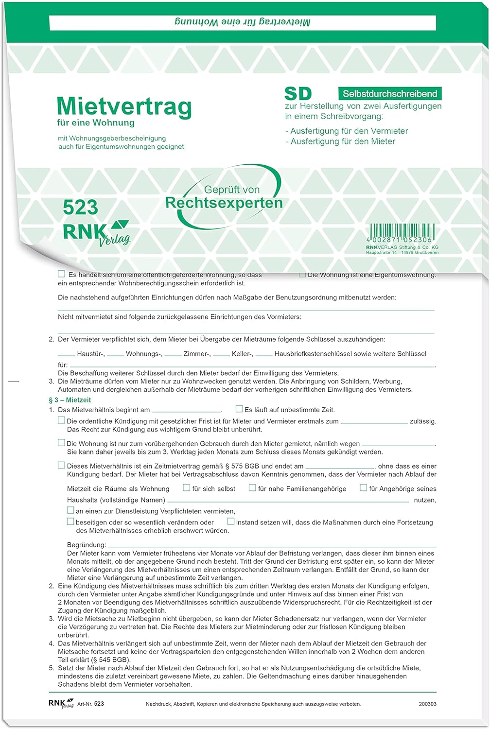 RNK 523/10 - Universal-Mietvertrag für Wohnungen, selbstdurchschreibend, 3 x 2 Blatt, DIN A4, 10 Ver