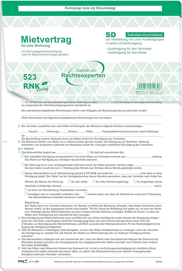 RNK 523/10 - Universal-Mietvertrag für Wohnungen, selbstdurchschreibend, 3 x 2 Blatt, DIN A4, 10 Ver