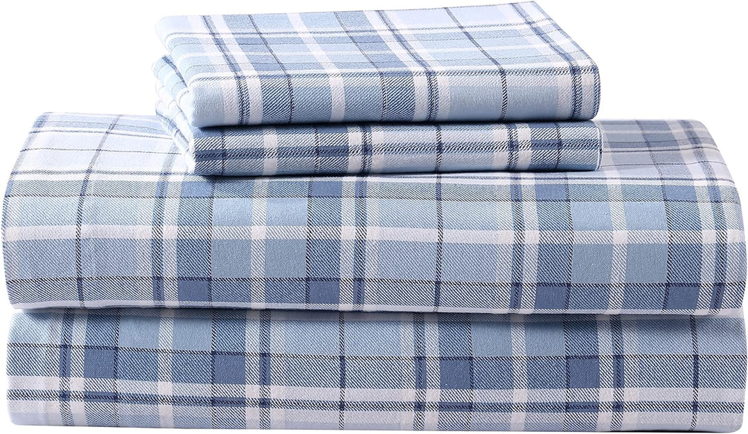 Laura Ashley Blätter Baumwoll-Flanell-Bettwäsche-Set, Mulholland Plaid Blau, Volle Grösse Volle Grös
