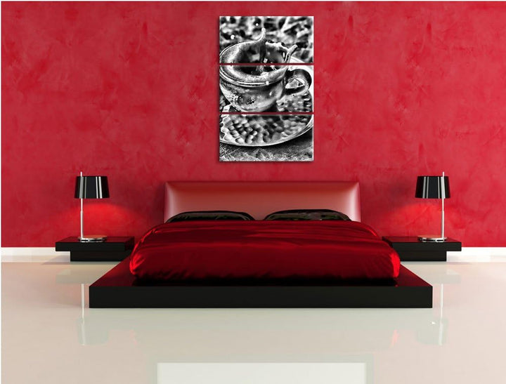 Pixxprint Monocrome, Kaffee spritzt aus Tasse 3-Teiler Leinwandbild 120x80 Bild auf Leinwand