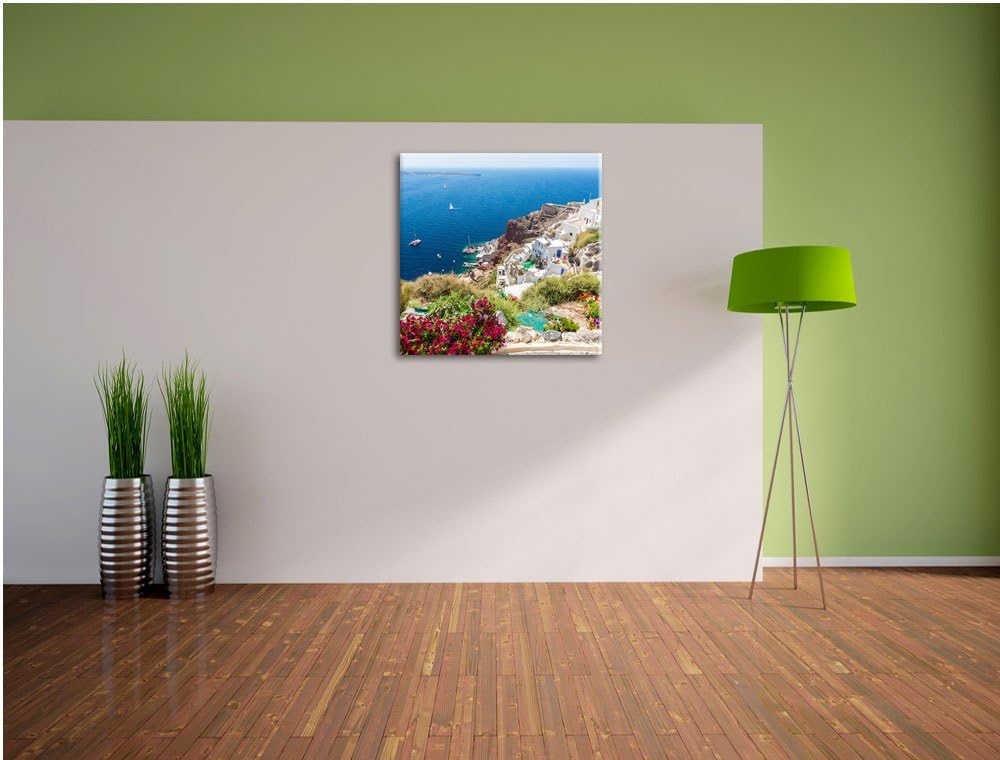 Griechische Küste, Format: 70x70 auf Leinwand, XXL riesige Bilder fertig gerahmt mit Keilrahmen, Kun