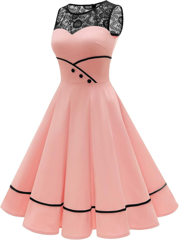 Bbonlinedress Damen Cocktailkleid Rockabilly Spitzenkleid 50er Retro Vintage Faltenrock Elegant Ärme